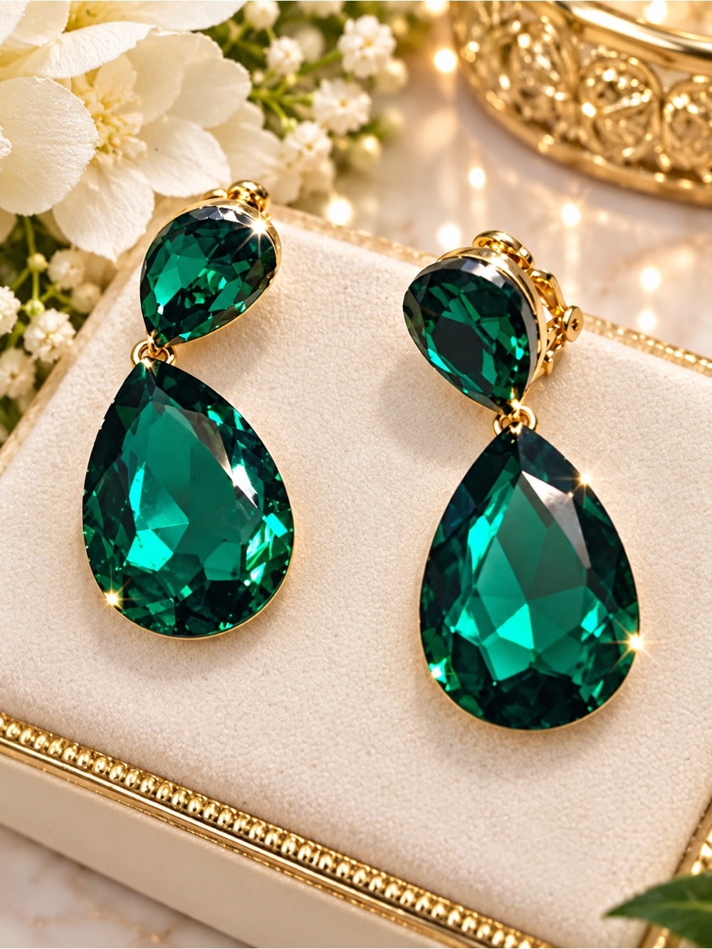 Gold-Plated Emerald Teardrop Drop Clip-On Earrings